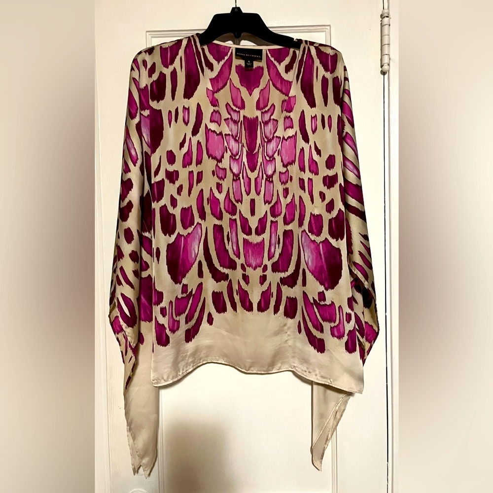 Dana Buchanan purple leopard print, flowing top. Size XL
